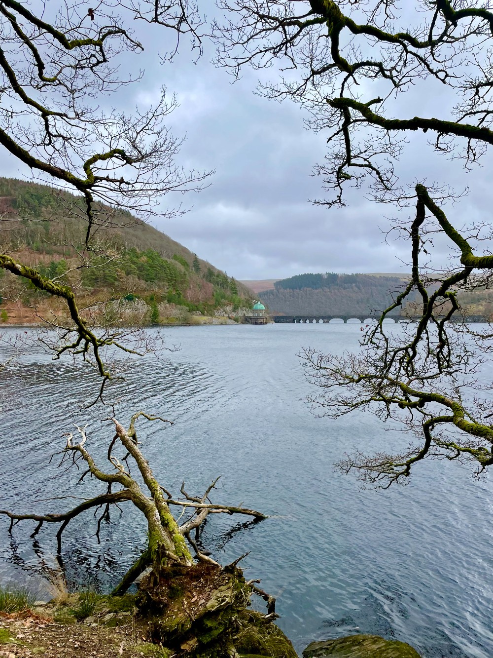 A dam on a reservoir surrounded by hills